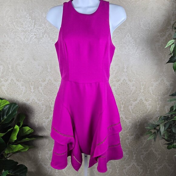 Adelyn Rae Size XS Hot Pink Halter Necked Dress Fit & Flare Keyhole Back Ruffle - Picture 1 of 14